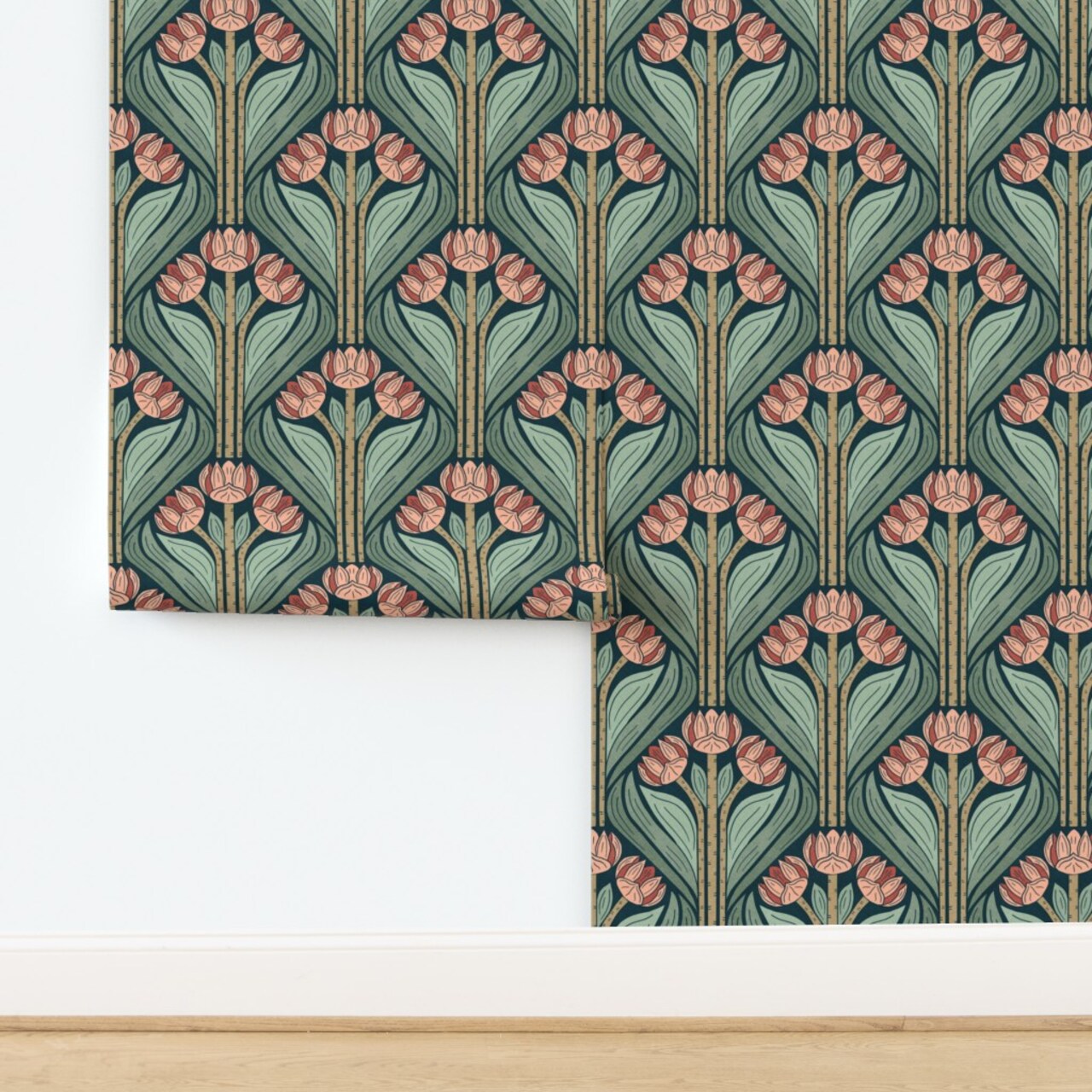 Pink Floral Green Botanical Art Deco Damask Geranium Flower Custom Pre-pasted Wallpaper by Spoonflower Pre-Pasted Wallpaper 2FT Wide